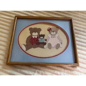 Framed Cross Stitch Family Bears Home Decor Wall Art Nursery Decor